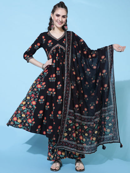 Cotton Printed Calf Length Semi-Flared 3/4 Sleeve V-neck Kurta Bottom Dupatta Set