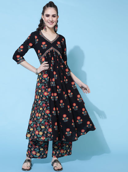 Cotton Printed Calf Length Semi-Flared 3/4 Sleeve V-neck Kurta Bottom Dupatta Set