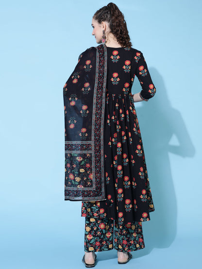 Cotton Printed Calf Length Semi-Flared 3/4 Sleeve V-neck Kurta Bottom Dupatta Set