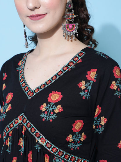 Cotton Printed Calf Length Semi-Flared 3/4 Sleeve V-neck Kurta Bottom Dupatta Set