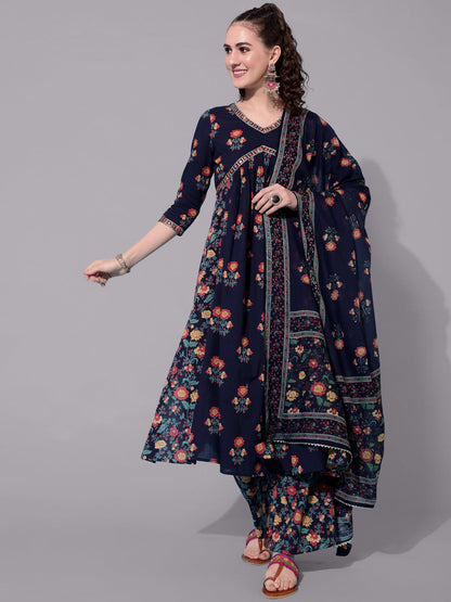 Cotton Printed Calf Length Semi-Flared 3/4 Sleeve V-neck Kurta Bottom Dupatta Set