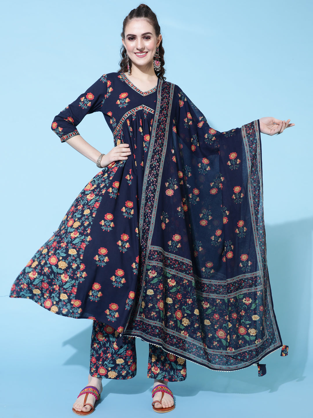 Cotton Printed Calf Length Semi-Flared 3/4 Sleeve V-neck Kurta Bottom Dupatta Set