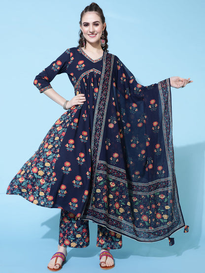 Cotton Printed Calf Length Semi-Flared 3/4 Sleeve V-neck Kurta Bottom Dupatta Set