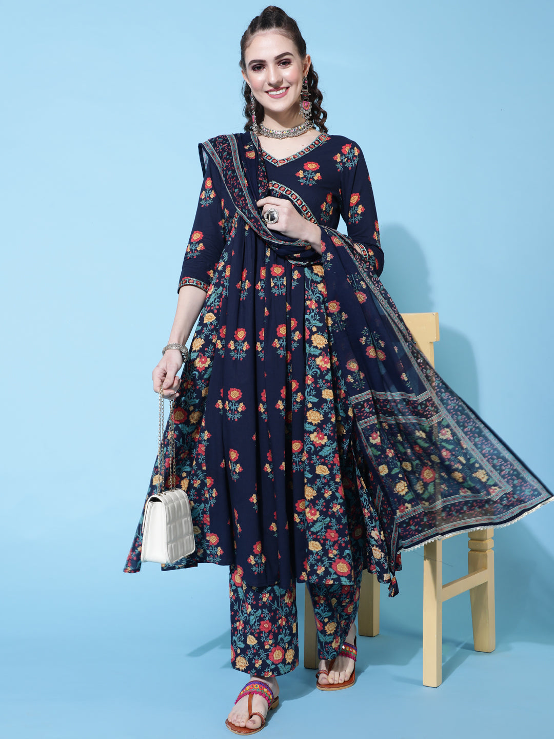 Cotton Printed Calf Length Semi-Flared 3/4 Sleeve V-neck Kurta Bottom Dupatta Set