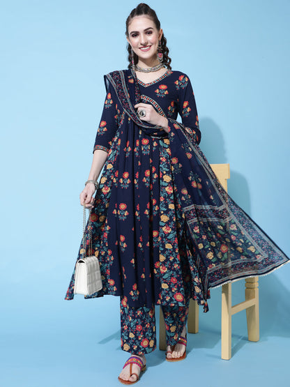 Cotton Printed Calf Length Semi-Flared 3/4 Sleeve V-neck Kurta Bottom Dupatta Set