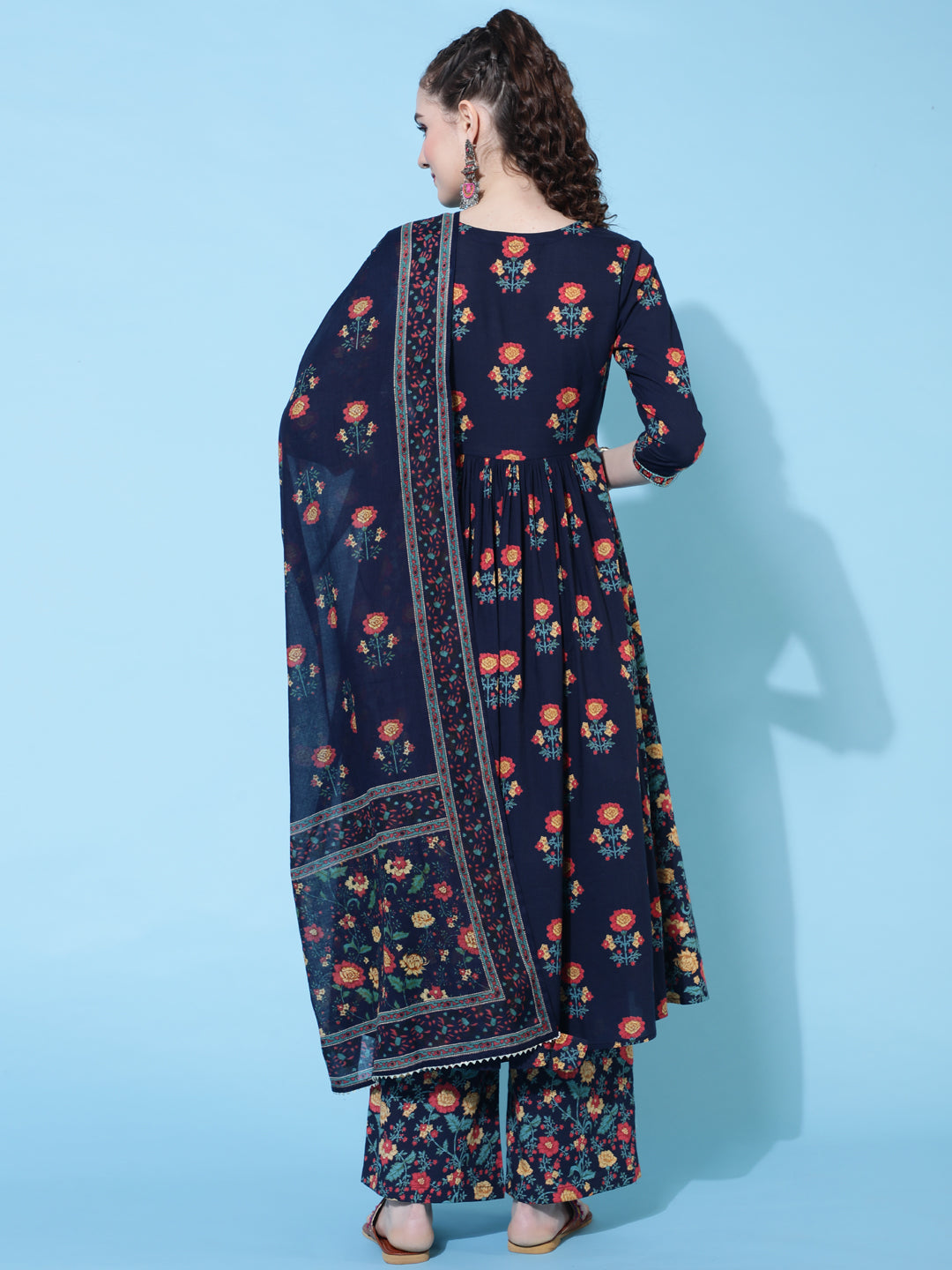 Cotton Printed Calf Length Semi-Flared 3/4 Sleeve V-neck Kurta Bottom Dupatta Set