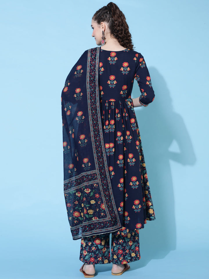Cotton Printed Calf Length Semi-Flared 3/4 Sleeve V-neck Kurta Bottom Dupatta Set