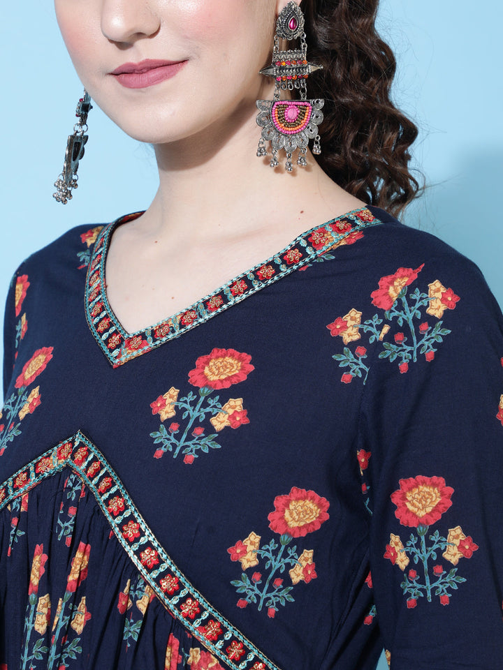 Cotton Printed Calf Length Semi-Flared 3/4 Sleeve V-neck Kurta Bottom Dupatta Set