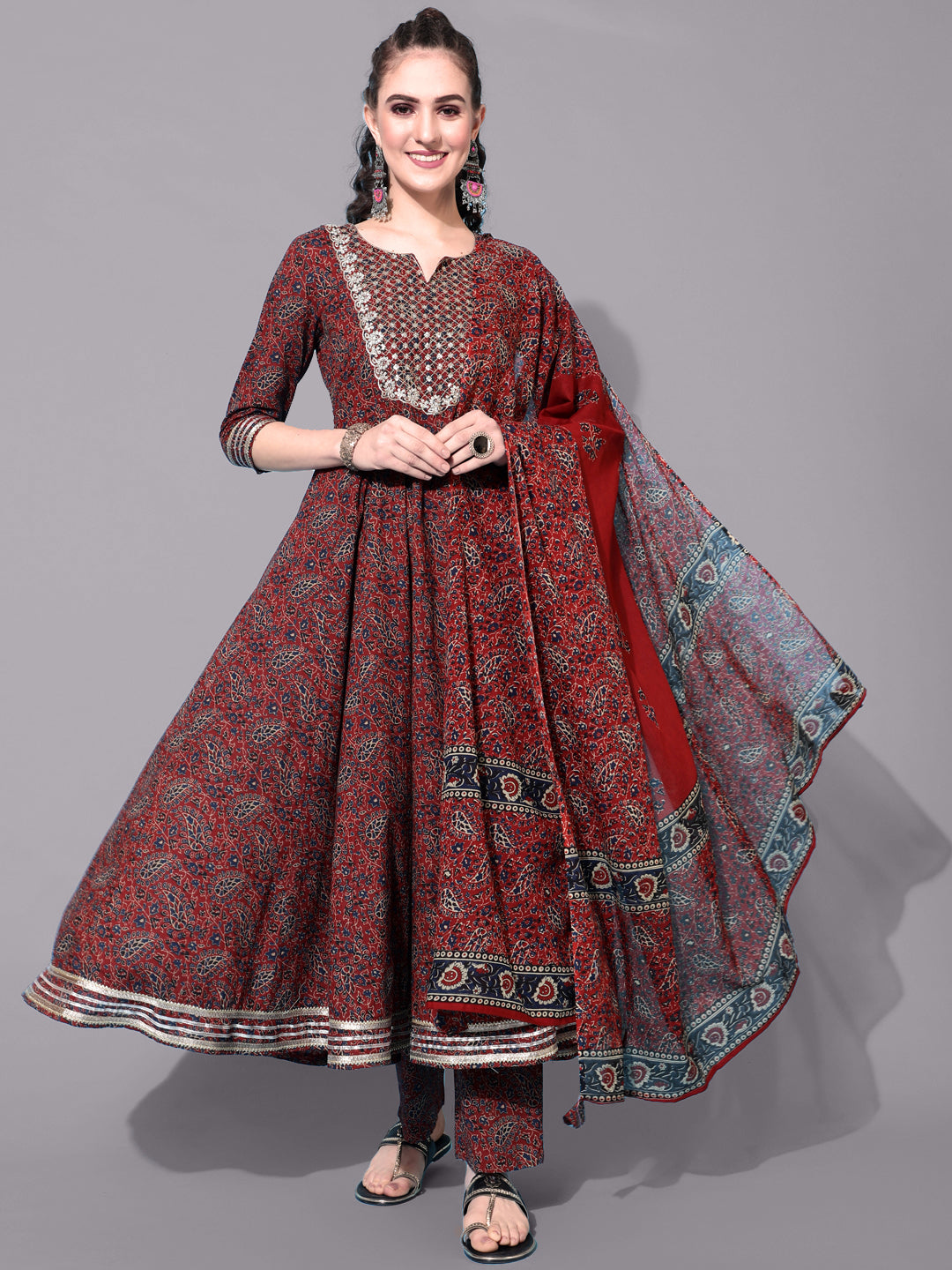 Cotton Printed Calf Length Flared 3/4 Sleeve Round Kurta Bottom Dupatta Set