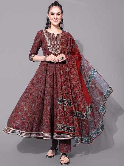 Cotton Printed Calf Length Flared 3/4 Sleeve Round Kurta Bottom Dupatta Set