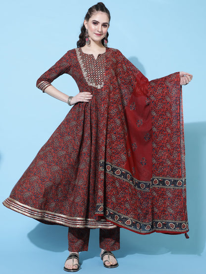 Cotton Printed Calf Length Flared 3/4 Sleeve Round Kurta Bottom Dupatta Set