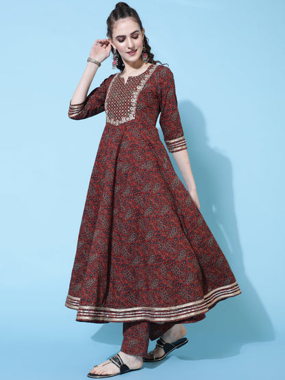 Cotton Printed Calf Length Flared 3/4 Sleeve Round Kurta Bottom Dupatta Set