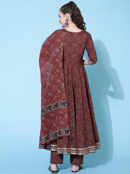 Cotton Printed Calf Length Flared 3/4 Sleeve Round Kurta Bottom Dupatta Set