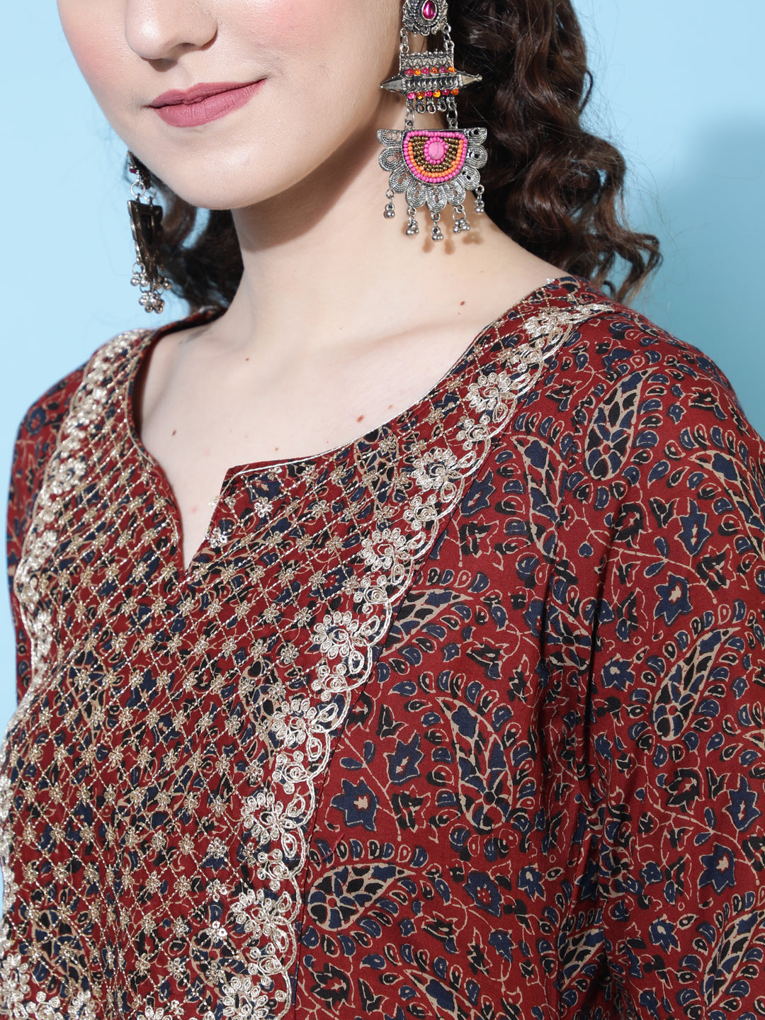 Cotton Printed Calf Length Flared 3/4 Sleeve Round Kurta Bottom Dupatta Set