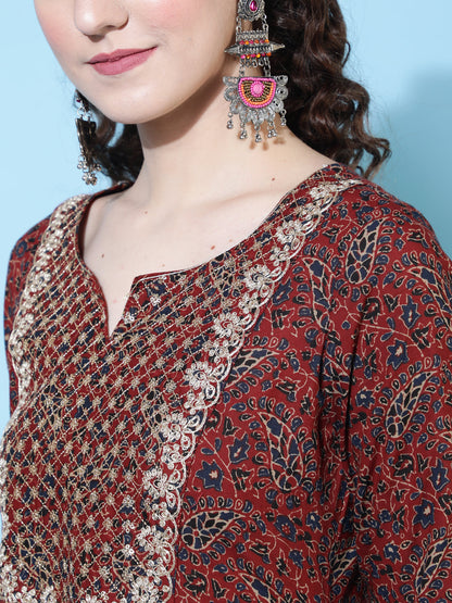 Cotton Printed Calf Length Flared 3/4 Sleeve Round Kurta Bottom Dupatta Set