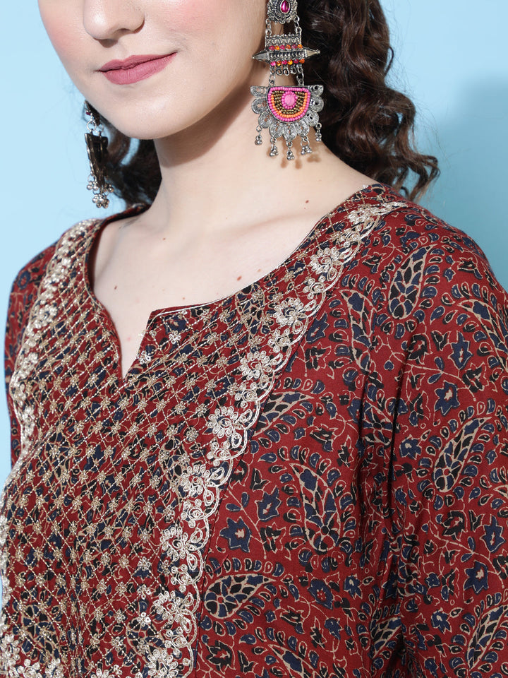 Cotton Printed Calf Length Flared 3/4 Sleeve Round Kurta Bottom Dupatta Set