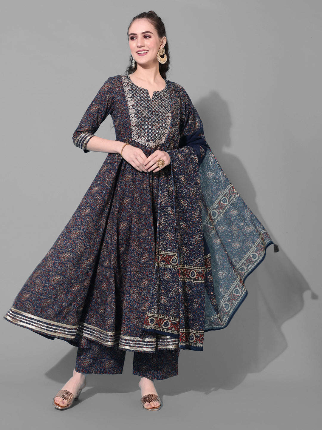 Cotton Printed Calf Length Flared 3/4 Sleeve Round Kurta Bottom Dupatta Set