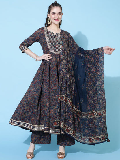 Cotton Printed Calf Length Flared 3/4 Sleeve Round Kurta Bottom Dupatta Set