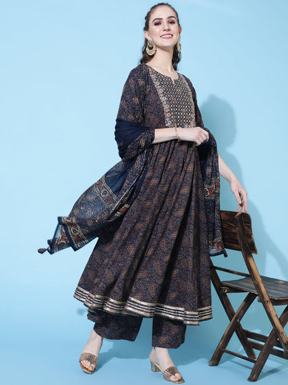 Cotton Printed Calf Length Flared 3/4 Sleeve Round Kurta Bottom Dupatta Set