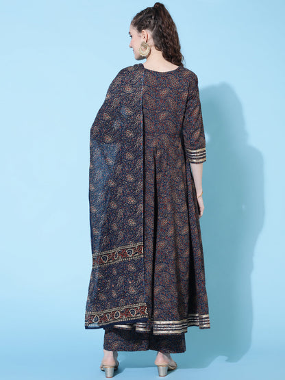 Cotton Printed Calf Length Flared 3/4 Sleeve Round Kurta Bottom Dupatta Set