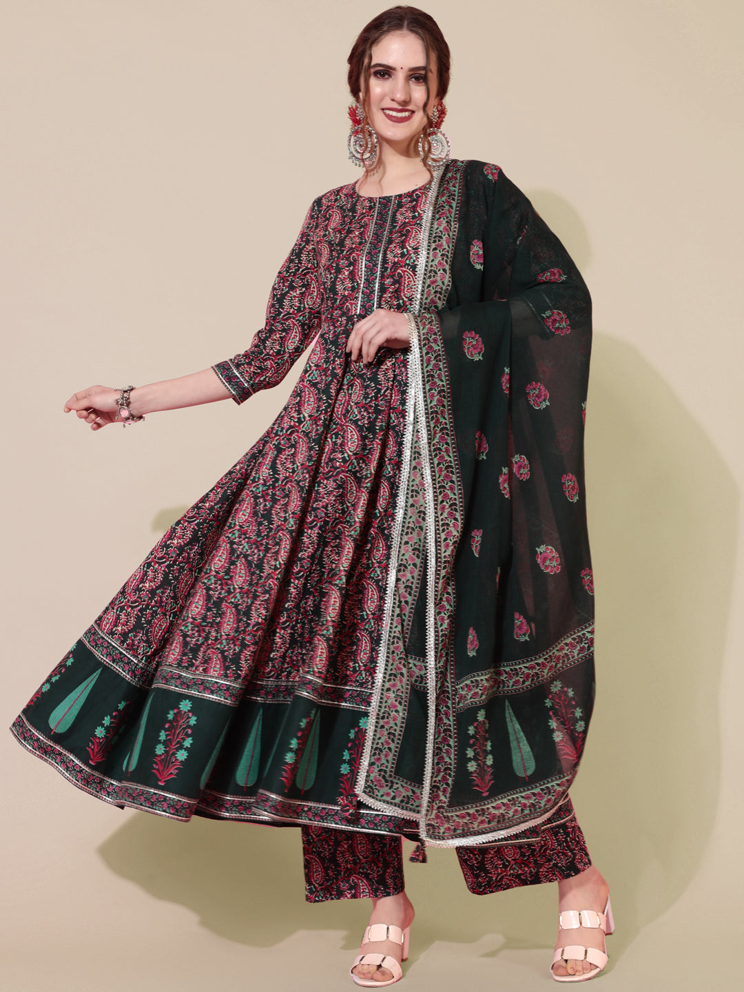 Cotton Printed Calf Length Flared 3/4 Sleeve Round Kurta Bottom Dupatta Set