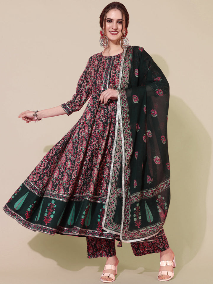 Cotton Printed Calf Length Flared 3/4 Sleeve Round Kurta Bottom Dupatta Set