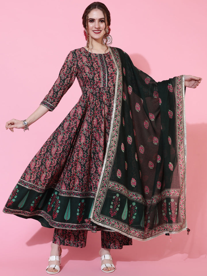 Cotton Printed Calf Length Flared 3/4 Sleeve Round Kurta Bottom Dupatta Set