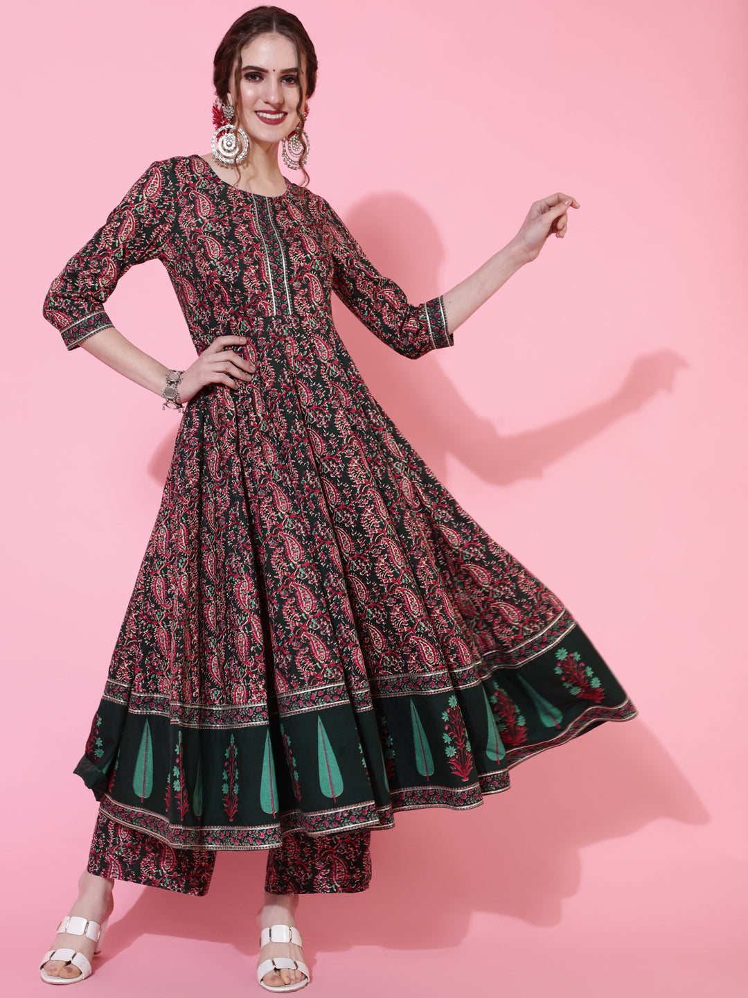 Cotton Printed Calf Length Flared 3/4 Sleeve Round Kurta Bottom Dupatta Set