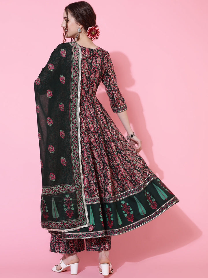 Cotton Printed Calf Length Flared 3/4 Sleeve Round Kurta Bottom Dupatta Set