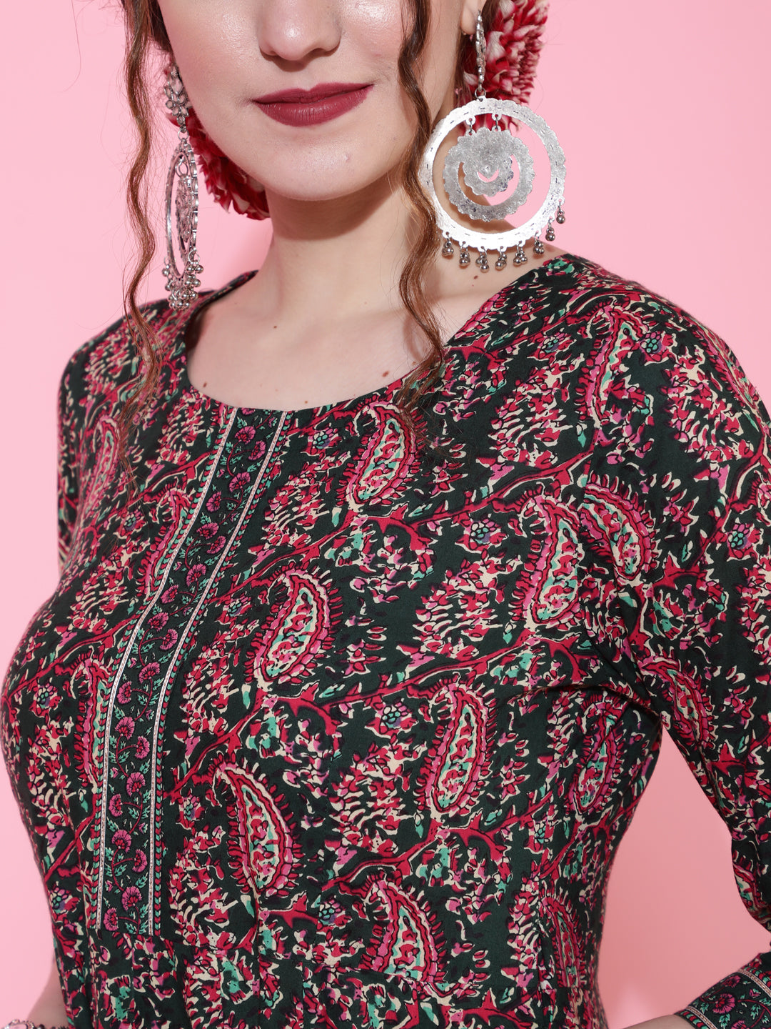 Cotton Printed Calf Length Flared 3/4 Sleeve Round Kurta Bottom Dupatta Set