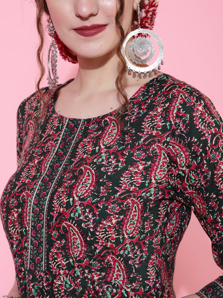 Cotton Printed Calf Length Flared 3/4 Sleeve Round Kurta Bottom Dupatta Set
