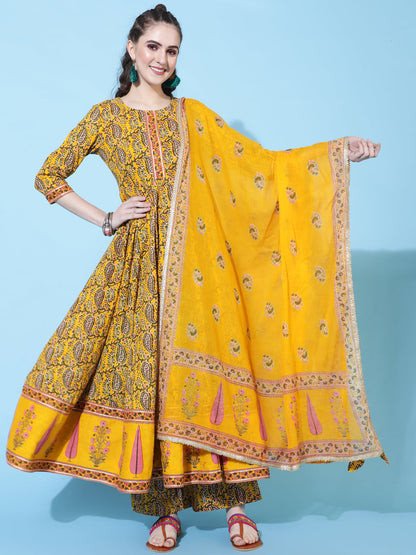 Cotton Printed Calf Length Flared 3/4 Sleeve Round Kurta Bottom Dupatta Set