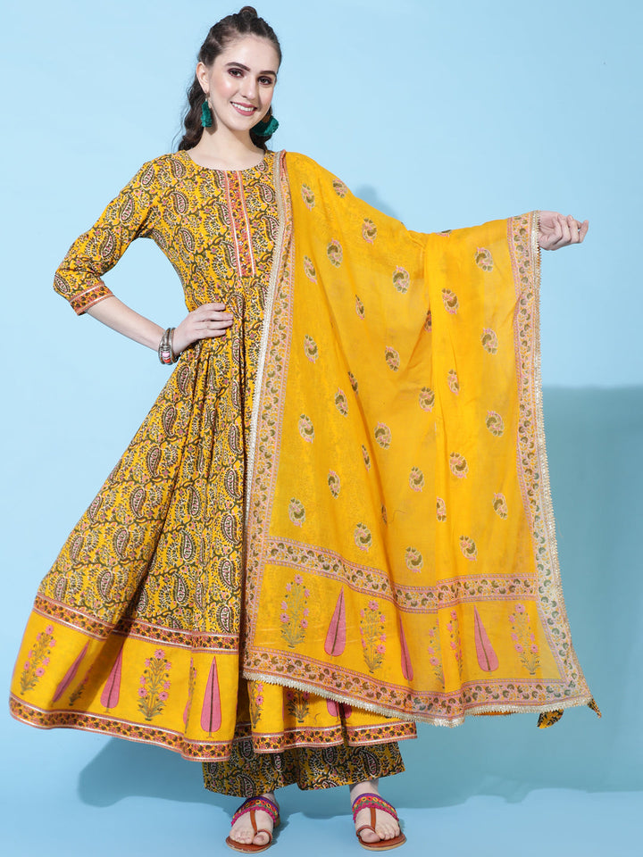 Cotton Printed Calf Length Flared 3/4 Sleeve Round Kurta Bottom Dupatta Set
