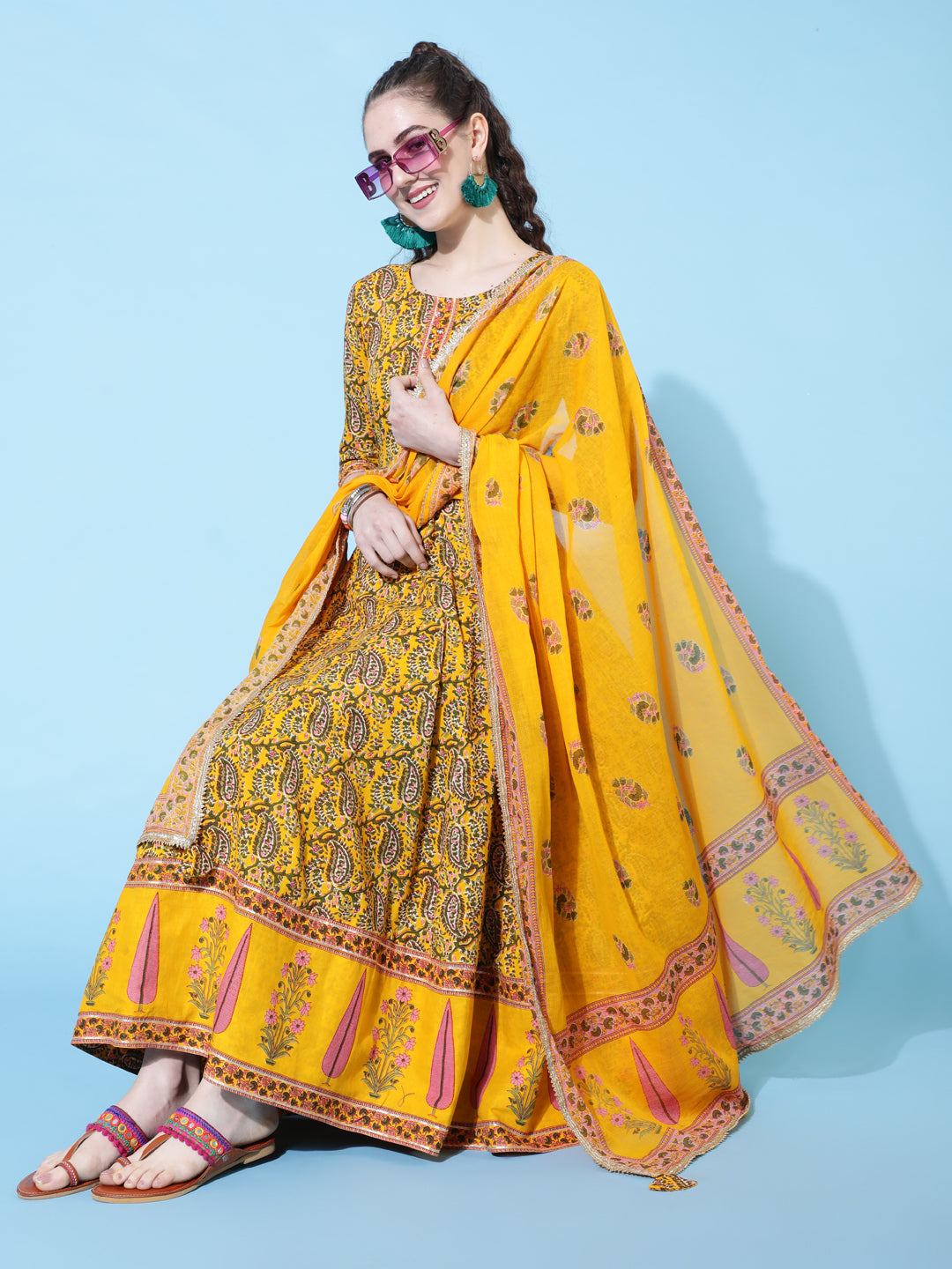 Cotton Printed Calf Length Flared 3/4 Sleeve Round Kurta Bottom Dupatta Set