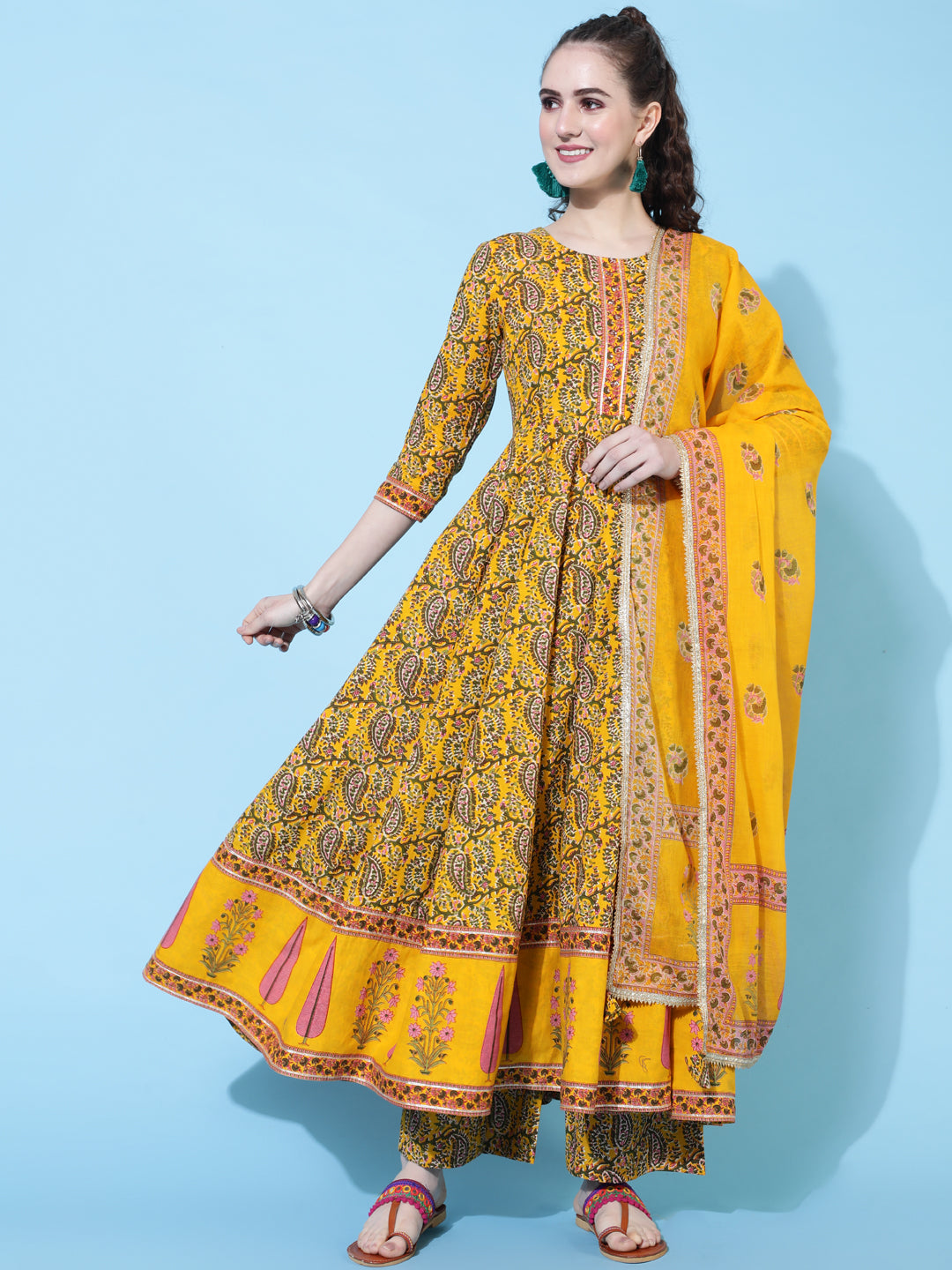 Cotton Printed Calf Length Flared 3/4 Sleeve Round Kurta Bottom Dupatta Set