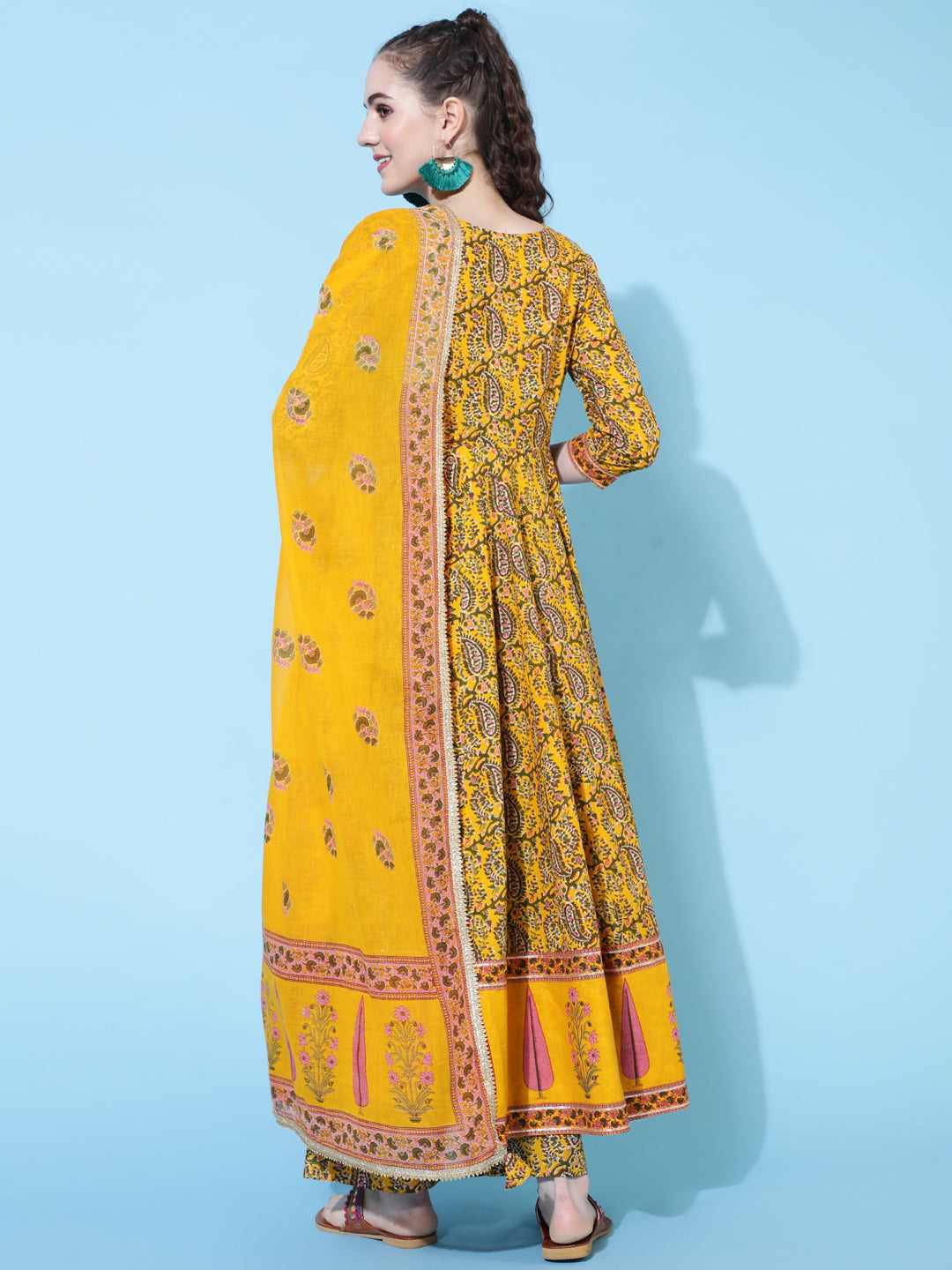 Cotton Printed Calf Length Flared 3/4 Sleeve Round Kurta Bottom Dupatta Set