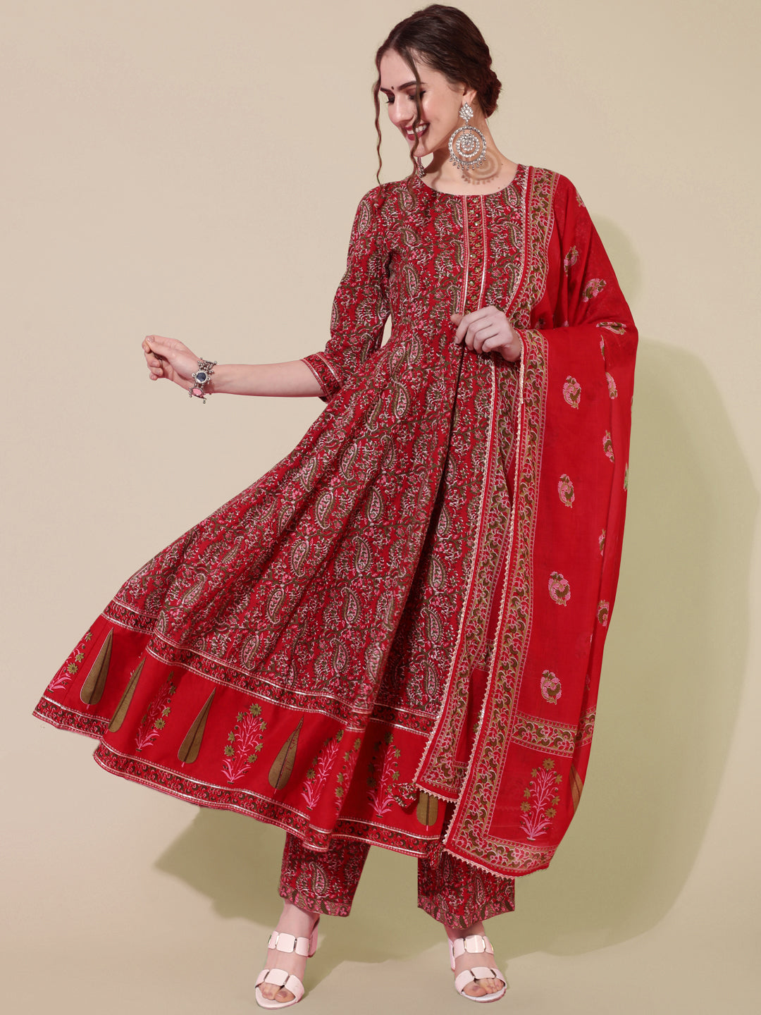 Cotton Printed Calf Length Flared 3/4 Sleeve Round Kurta Bottom Dupatta Set