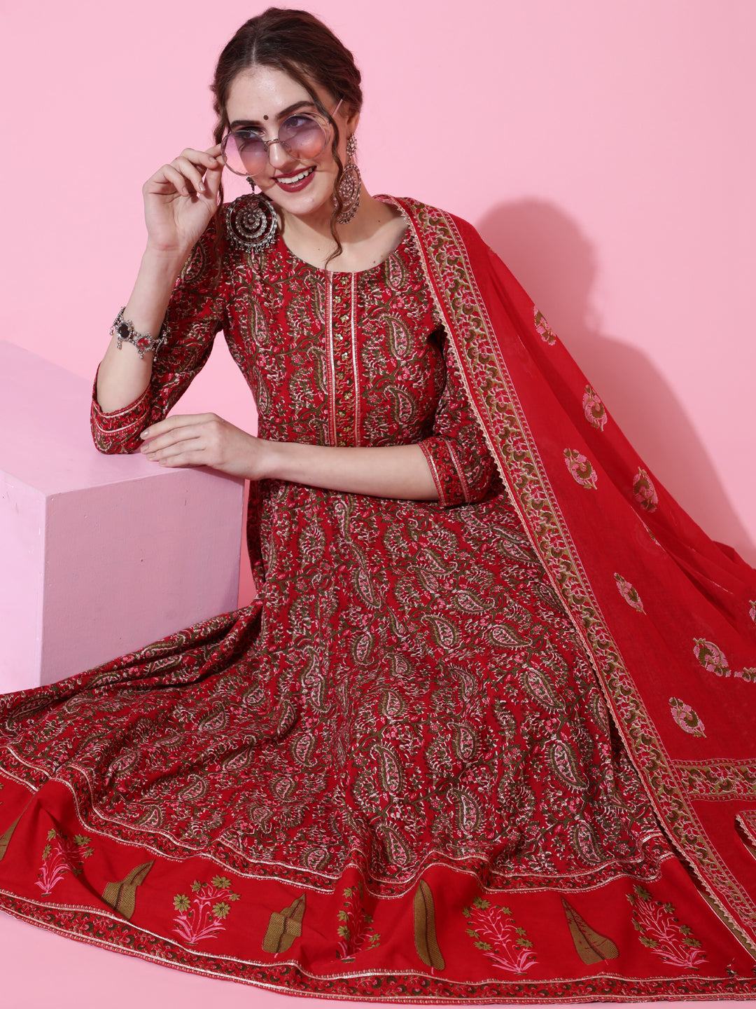 Cotton Printed Calf Length Flared 3/4 Sleeve Round Kurta Bottom Dupatta Set