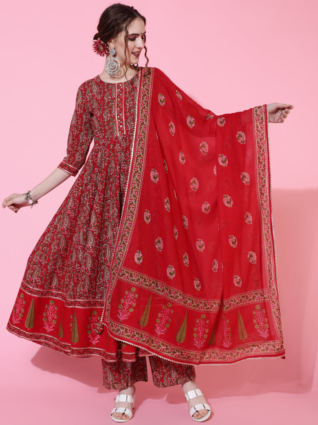 Cotton Printed Calf Length Flared 3/4 Sleeve Round Kurta Bottom Dupatta Set