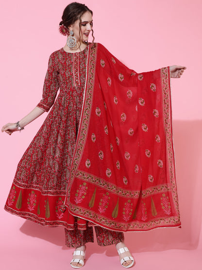 Cotton Printed Calf Length Flared 3/4 Sleeve Round Kurta Bottom Dupatta Set