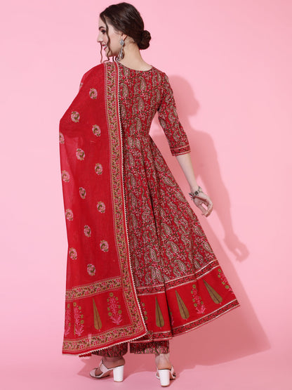 Cotton Printed Calf Length Flared 3/4 Sleeve Round Kurta Bottom Dupatta Set