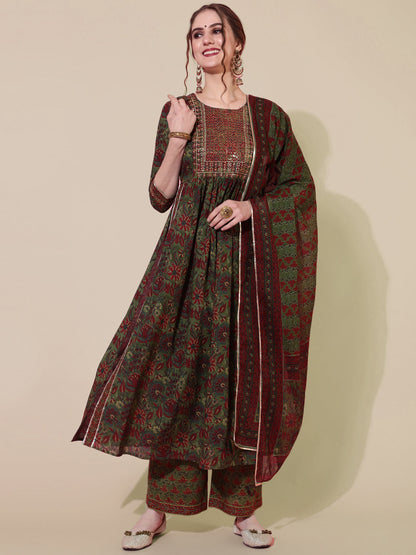 Cotton Printed Calf Length Flared 3/4 Sleeve Round Kurta Bottom Dupatta Set
