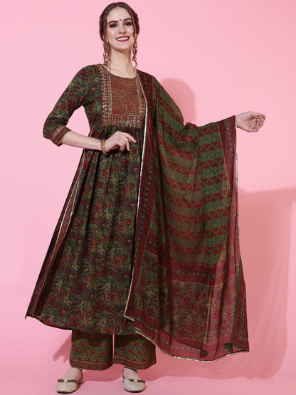 Cotton Printed Calf Length Flared 3/4 Sleeve Round Kurta Bottom Dupatta Set