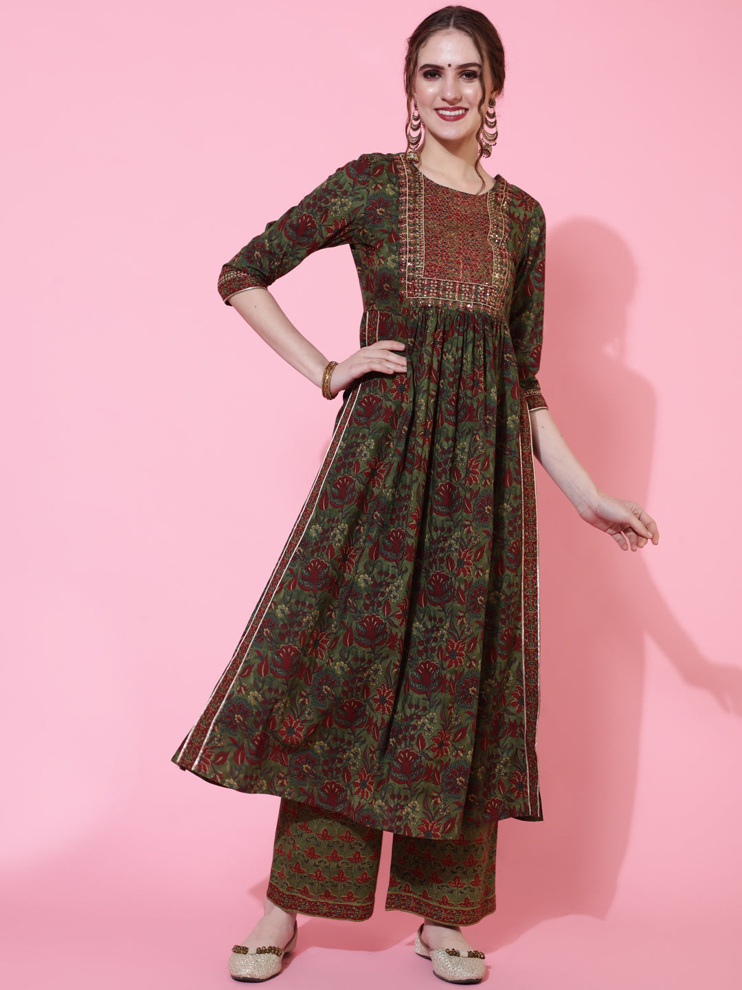 Cotton Printed Calf Length Flared 3/4 Sleeve Round Kurta Bottom Dupatta Set