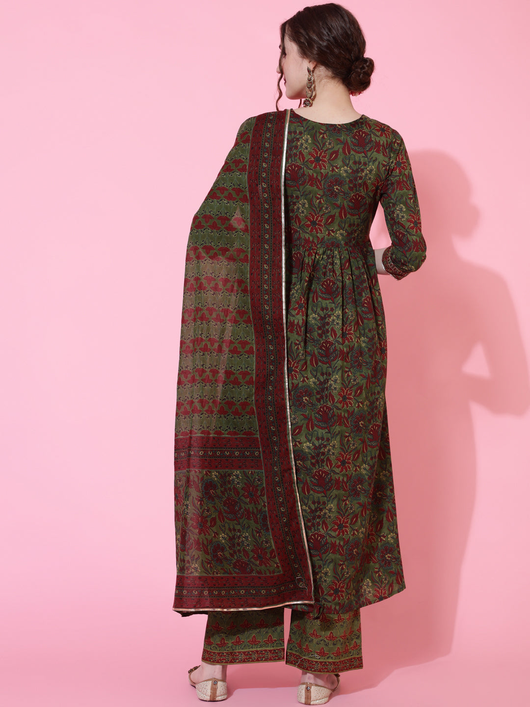 Cotton Printed Calf Length Flared 3/4 Sleeve Round Kurta Bottom Dupatta Set