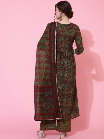 Cotton Printed Calf Length Flared 3/4 Sleeve Round Kurta Bottom Dupatta Set