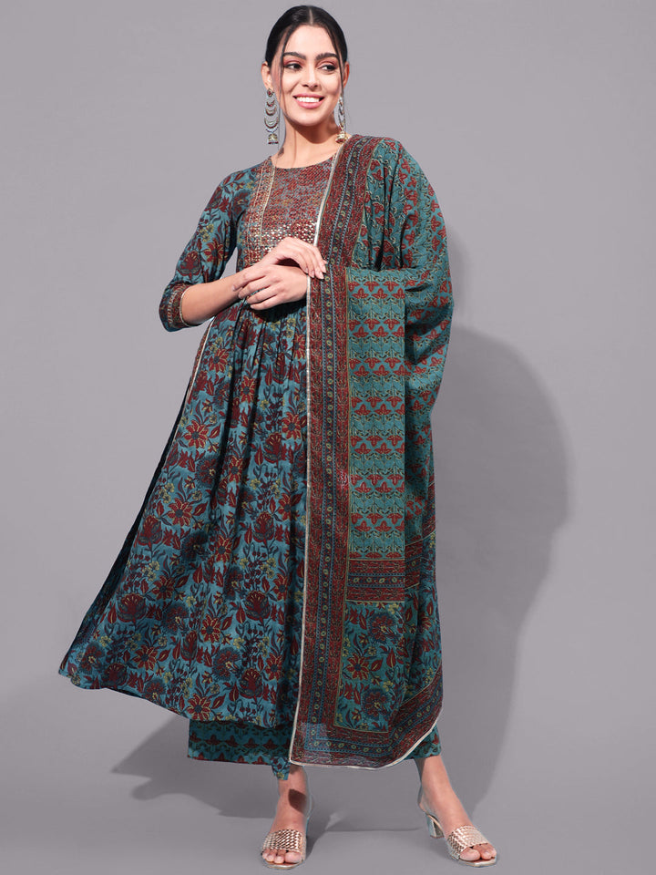 Cotton Printed Calf Length Flared 3/4 Sleeve Round Kurta Bottom Dupatta Set