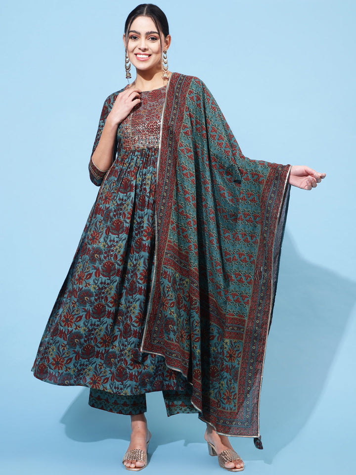Cotton Printed Calf Length Flared 3/4 Sleeve Round Kurta Bottom Dupatta Set