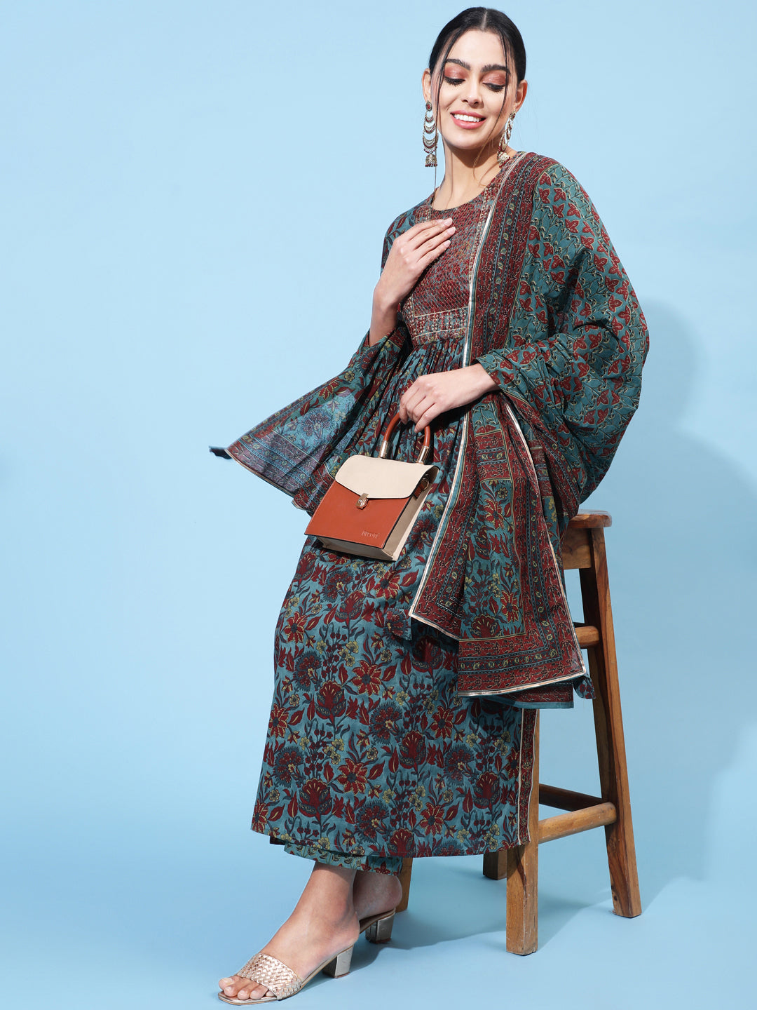 Cotton Printed Calf Length Flared 3/4 Sleeve Round Kurta Bottom Dupatta Set