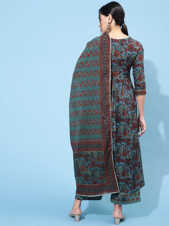 Cotton Printed Calf Length Flared 3/4 Sleeve Round Kurta Bottom Dupatta Set